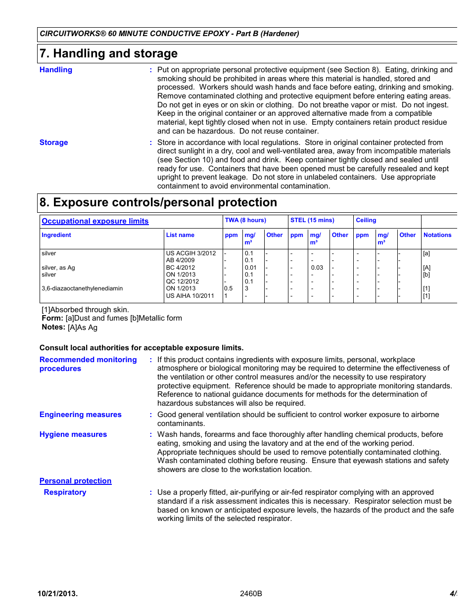 Handling and storage, Exposure controls/personal protection | Chemtronics CircuitWorks® 60 Minute Conductive Epoxy CW2460 User Manual | Page 4 / 9