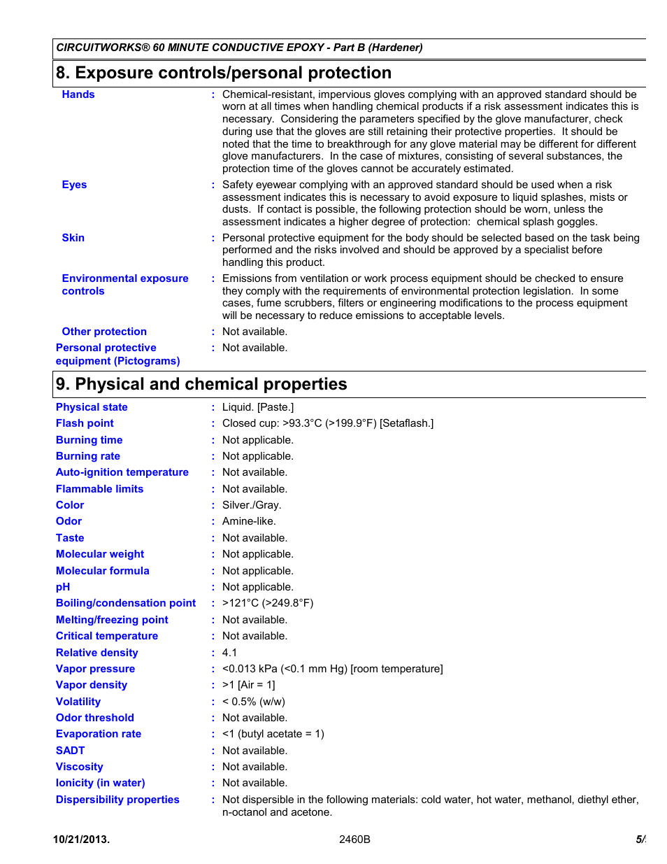 Exposure controls/personal protection, Physical and chemical properties | Chemtronics CircuitWorks® 60 Minute Conductive Epoxy CW2460 User Manual | Page 5 / 9