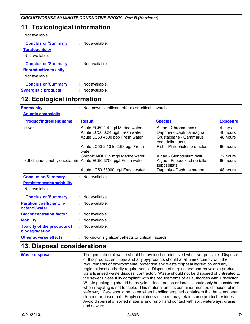 Toxicological information, Ecological information, Disposal considerations | Chemtronics CircuitWorks® 60 Minute Conductive Epoxy CW2460 User Manual | Page 7 / 9