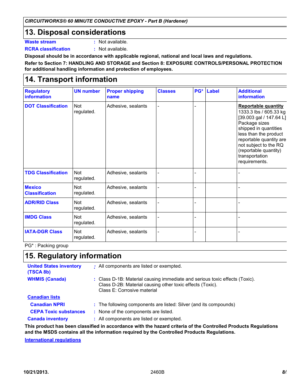 Disposal considerations, Transport information, Regulatory information | Chemtronics CircuitWorks® 60 Minute Conductive Epoxy CW2460 User Manual | Page 8 / 9