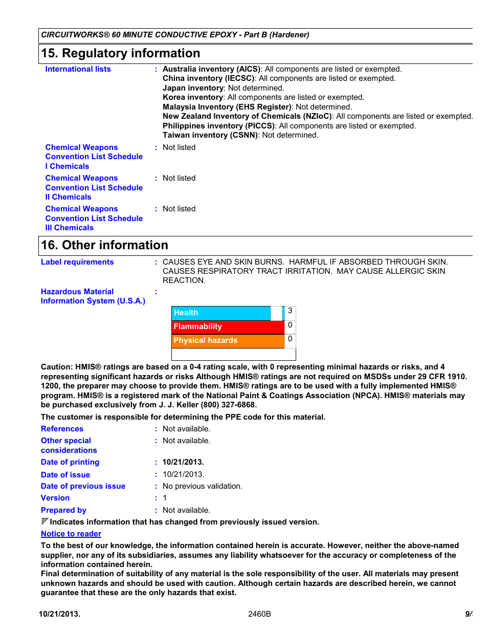 Regulatory information, Other information | Chemtronics CircuitWorks® 60 Minute Conductive Epoxy CW2460 User Manual | Page 9 / 9