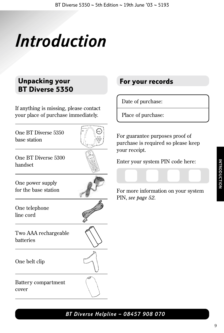 Introduction, Unpacking your bt diverse 5350, For your records | Date of purchase: place of purchase | BT 5350 User Manual | Page 11 / 83