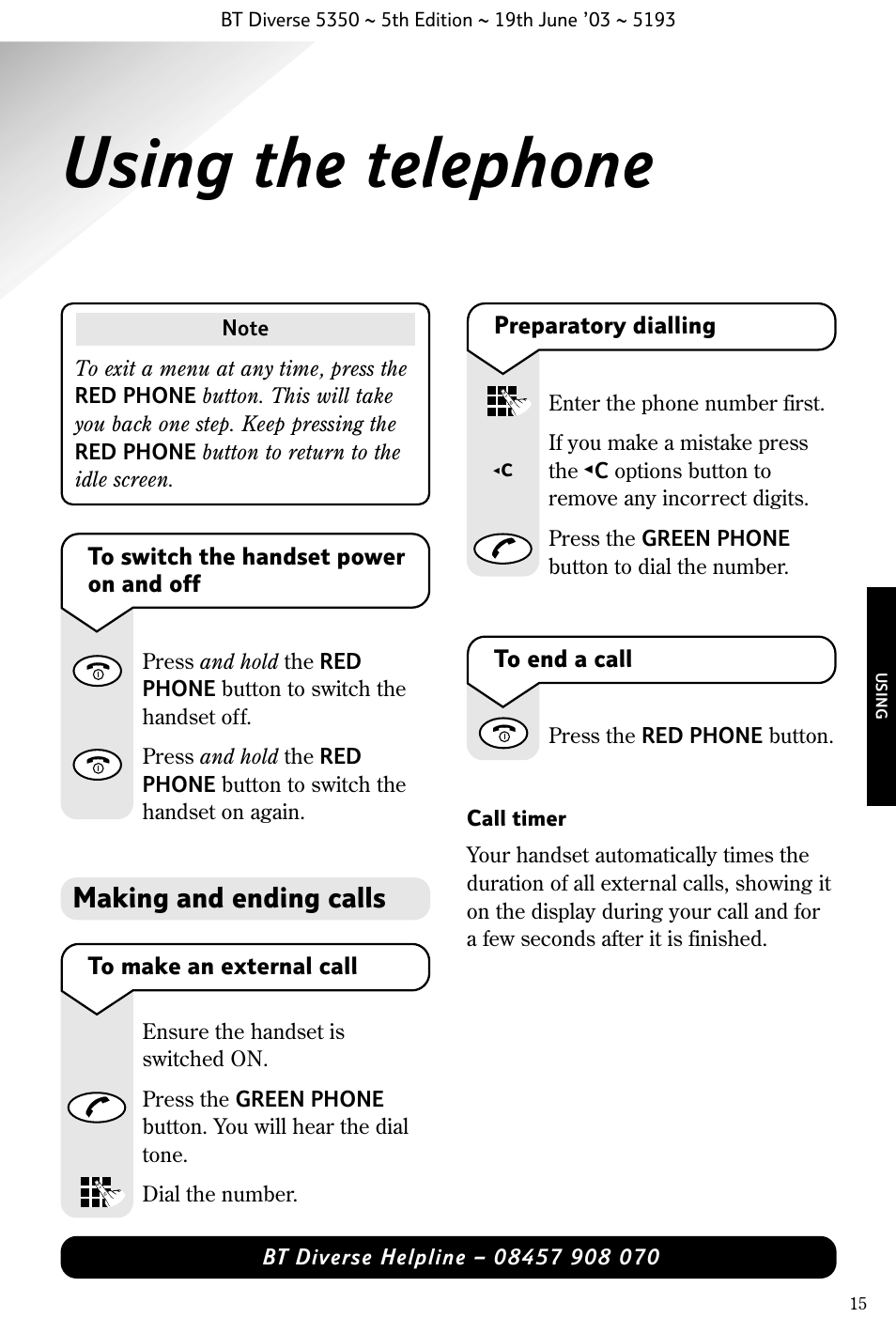 Using the telephone, Making and ending calls | BT 5350 User Manual | Page 17 / 83