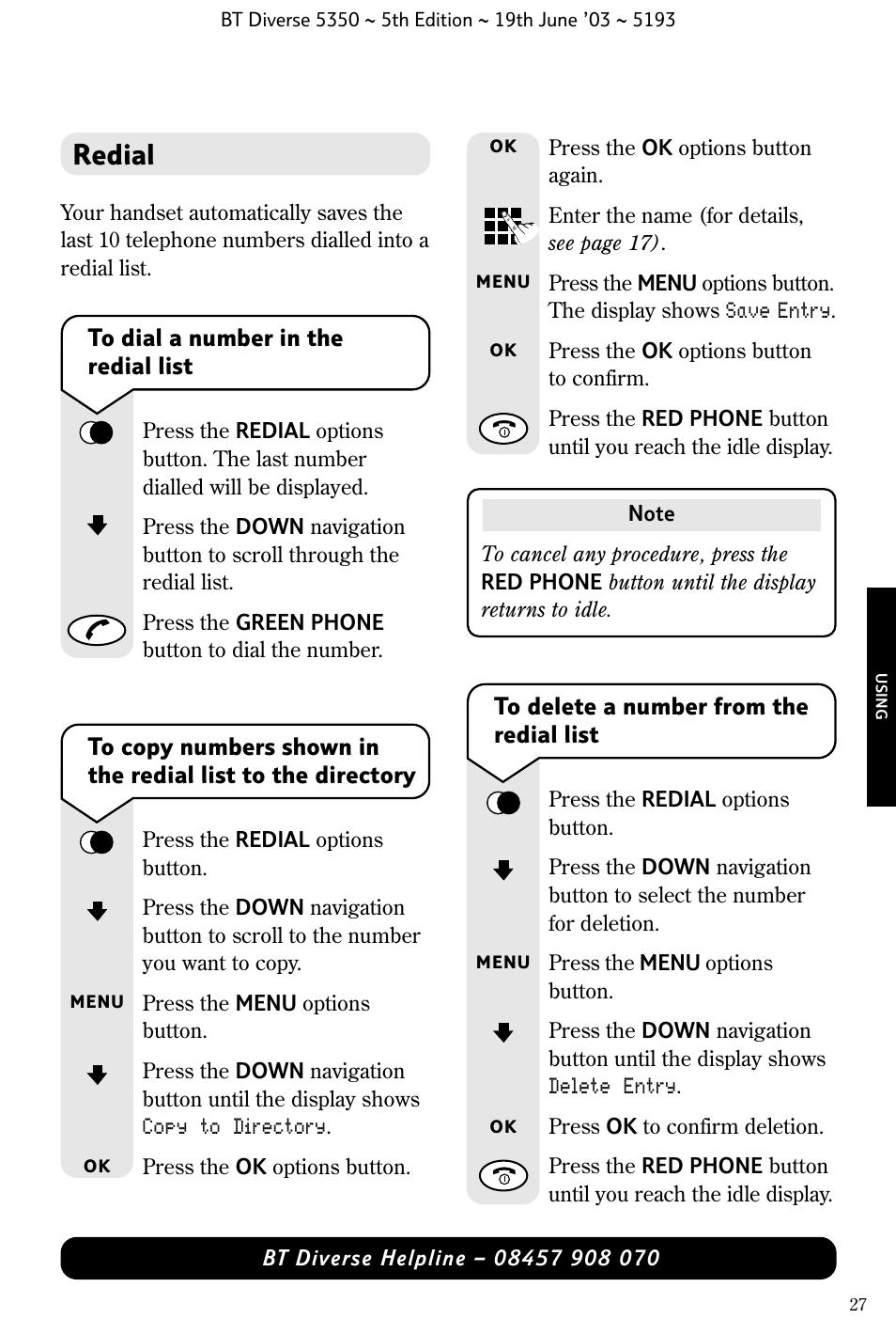 Redial | BT 5350 User Manual | Page 29 / 83