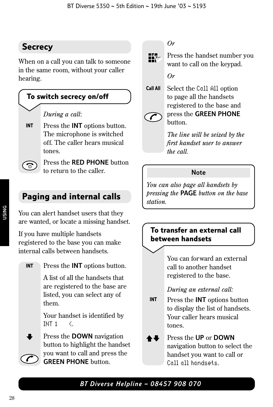Paging and internal calls, Secrecy | BT 5350 User Manual | Page 30 / 83