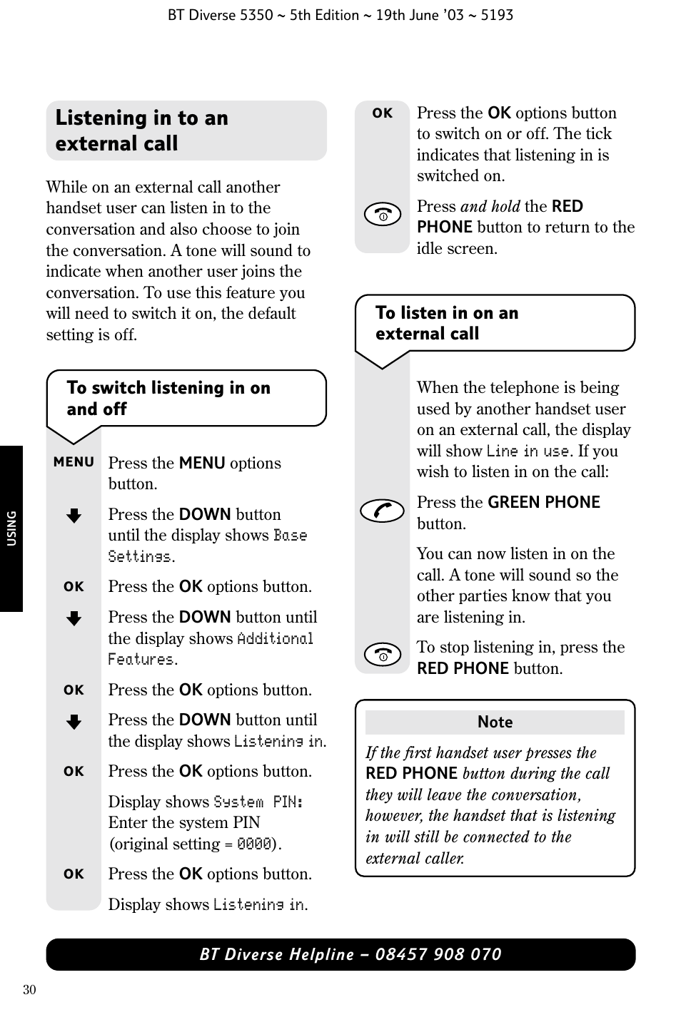 Listening in to an external call | BT 5350 User Manual | Page 32 / 83