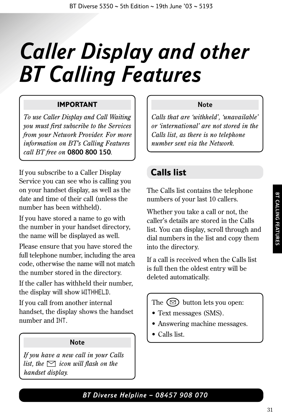 Caller display and other bt calling features, Calls list | BT 5350 User Manual | Page 33 / 83