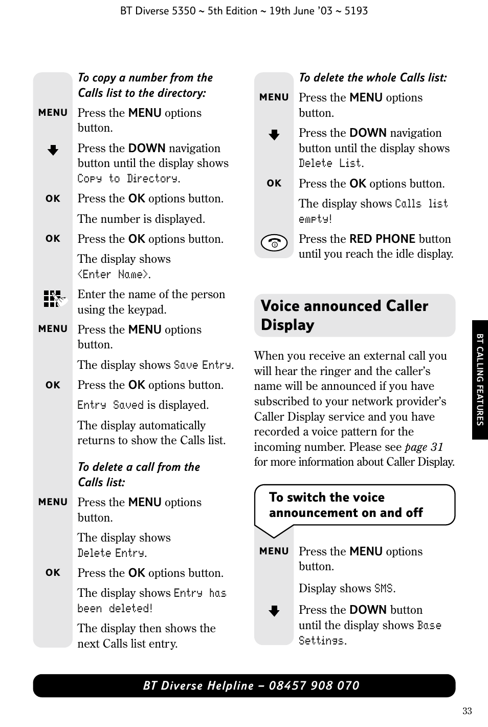 Voice announced caller display | BT 5350 User Manual | Page 35 / 83