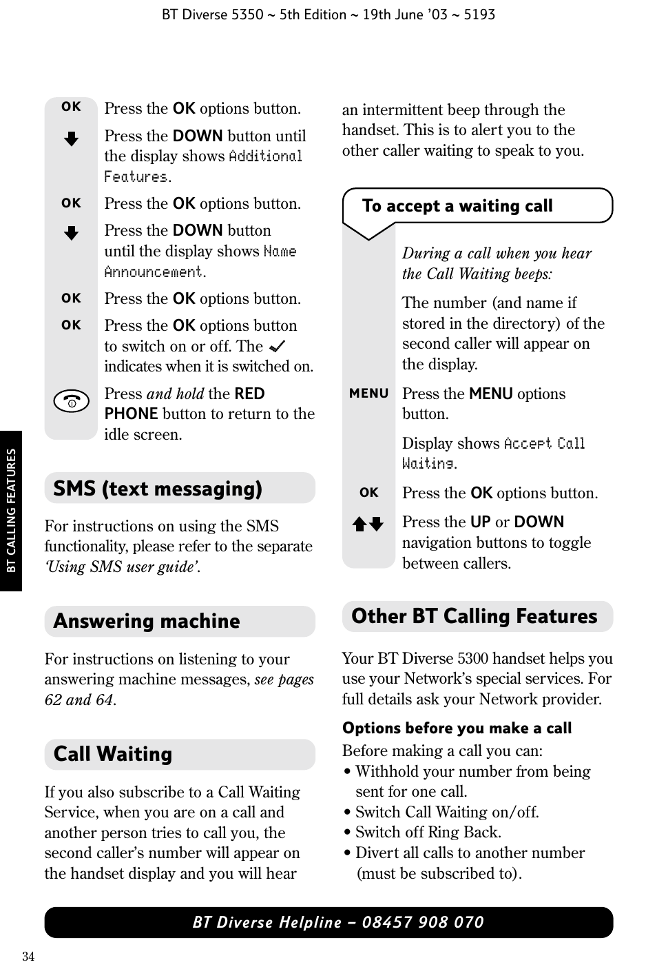 Answering machine, Call waiting, Other bt calling features | Sms (text messaging) | BT 5350 User Manual | Page 36 / 83