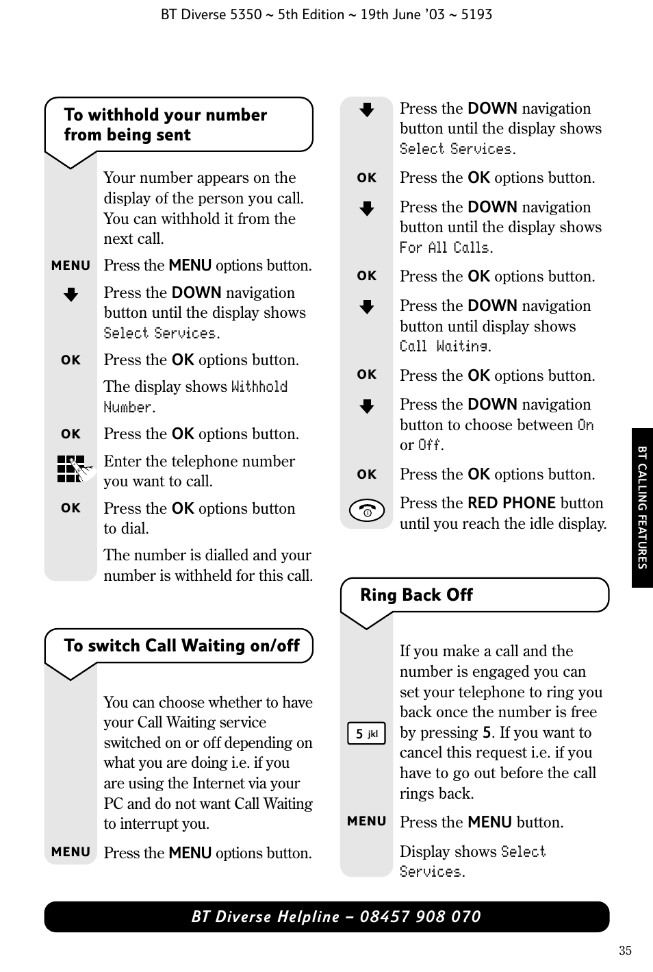 Ring back off | BT 5350 User Manual | Page 37 / 83
