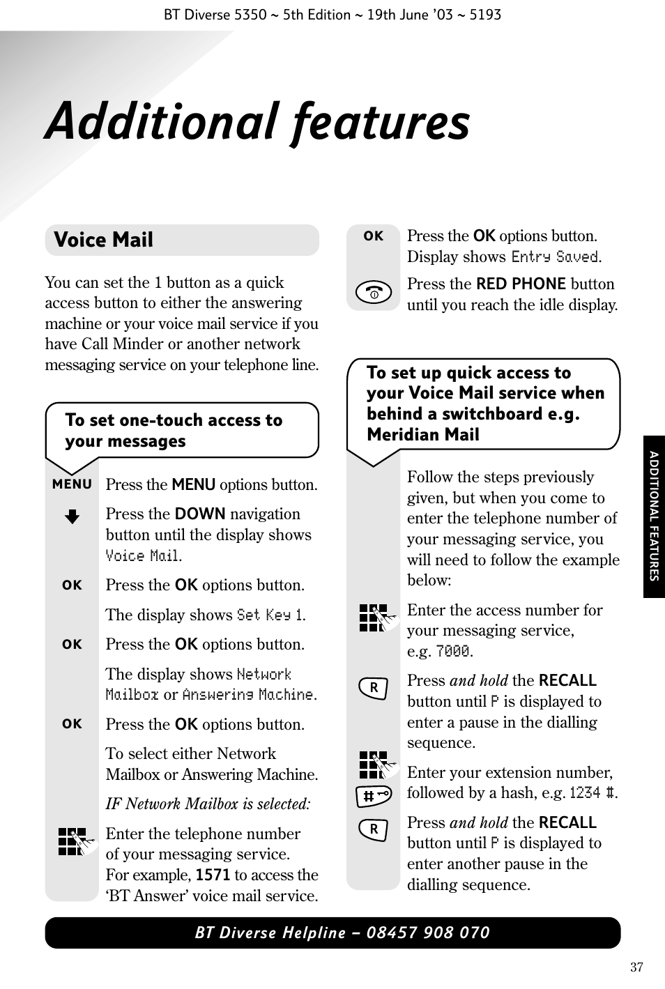 Additional features, Voice mail | BT 5350 User Manual | Page 39 / 83
