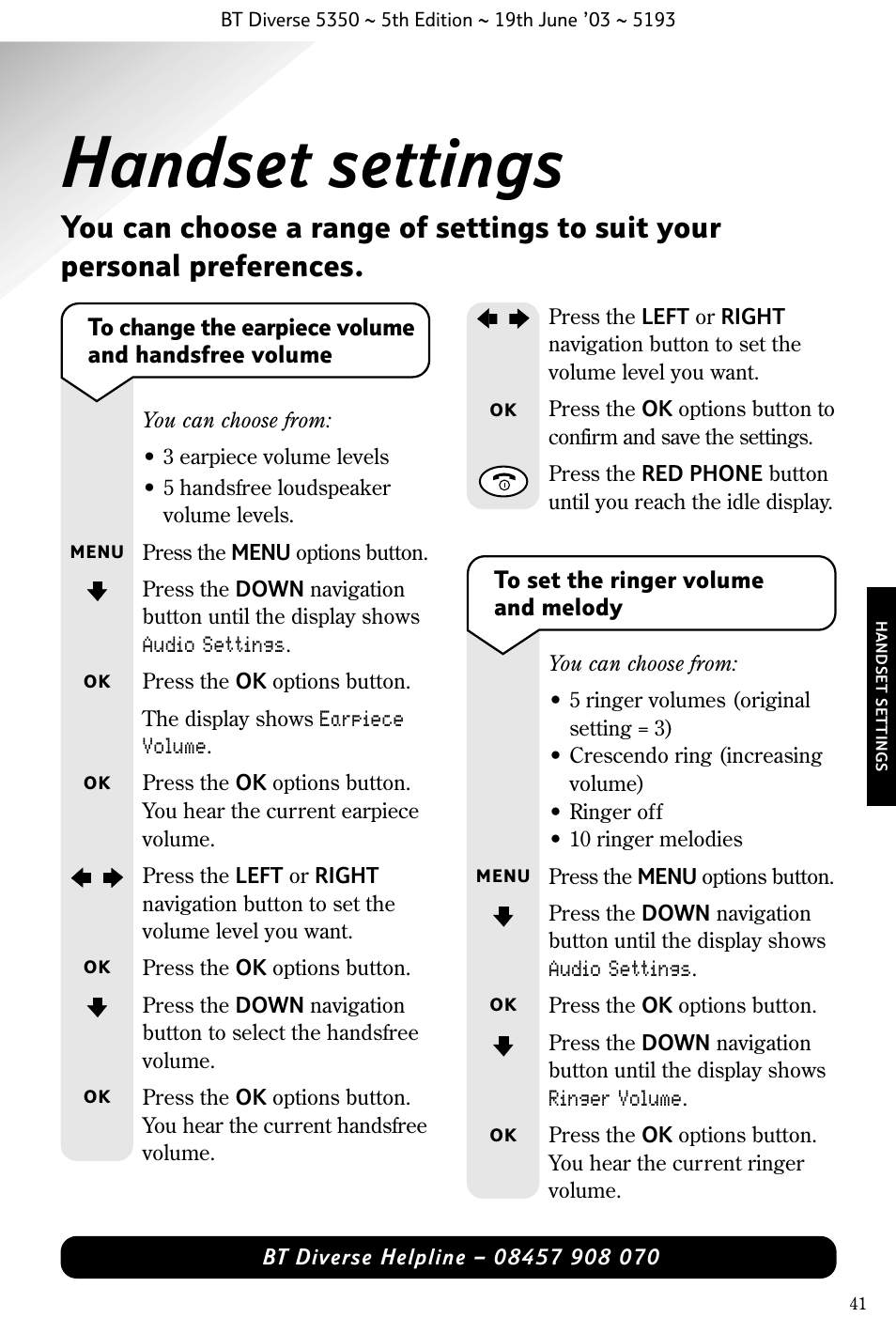Handset settings | BT 5350 User Manual | Page 43 / 83