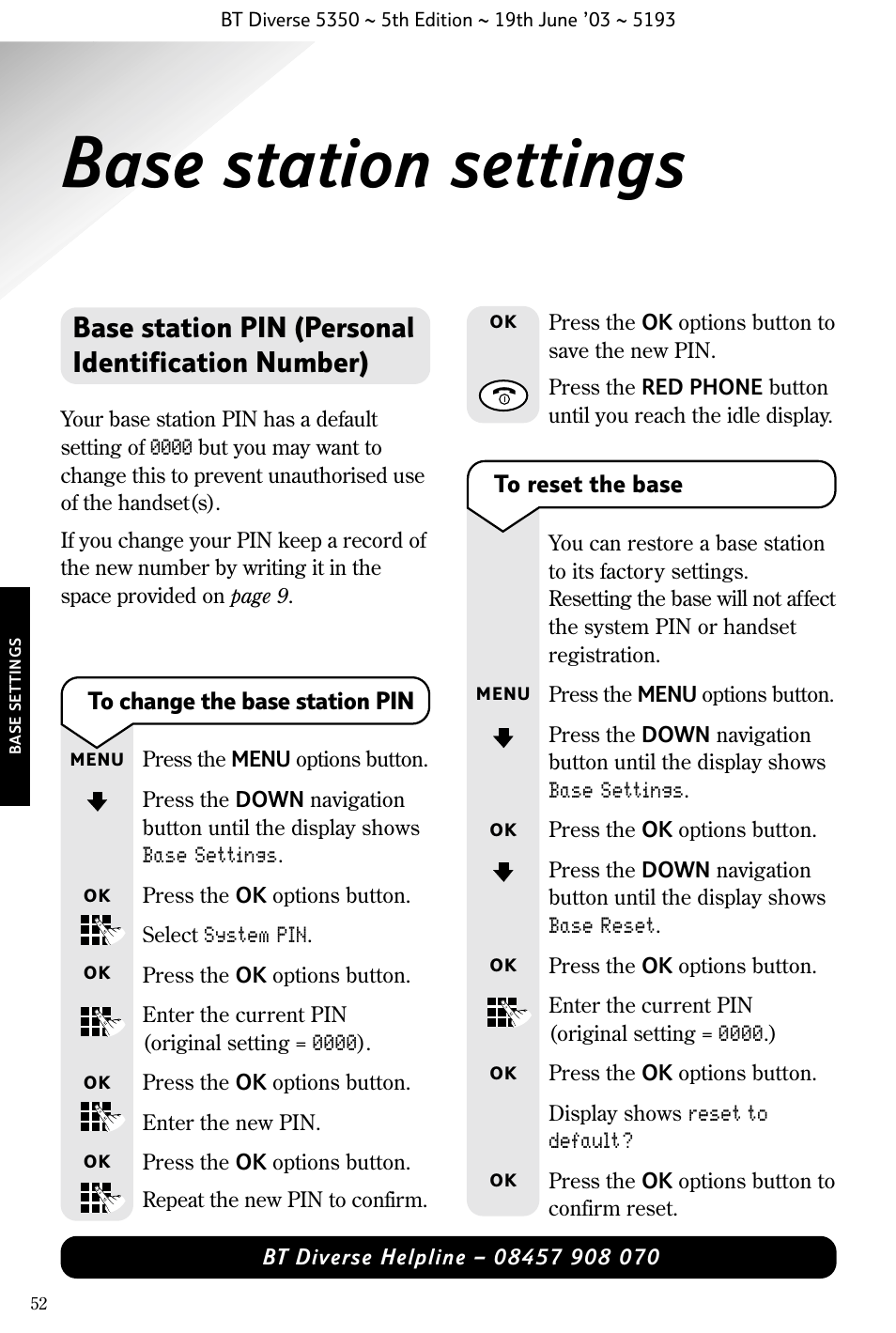 Base station settings, Base station pin (personal identification number) | BT 5350 User Manual | Page 54 / 83