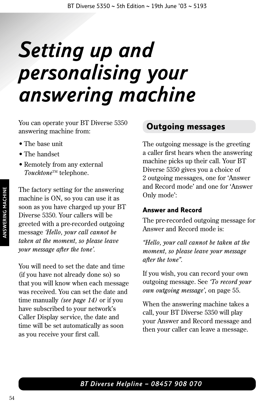 Outgoing messages | BT 5350 User Manual | Page 56 / 83