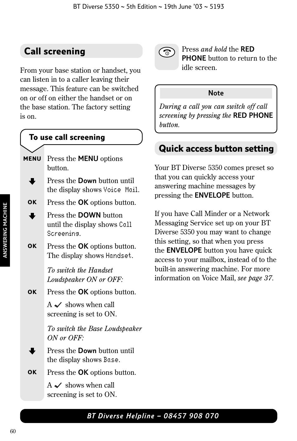 Call screening, Quick access button setting | BT 5350 User Manual | Page 62 / 83