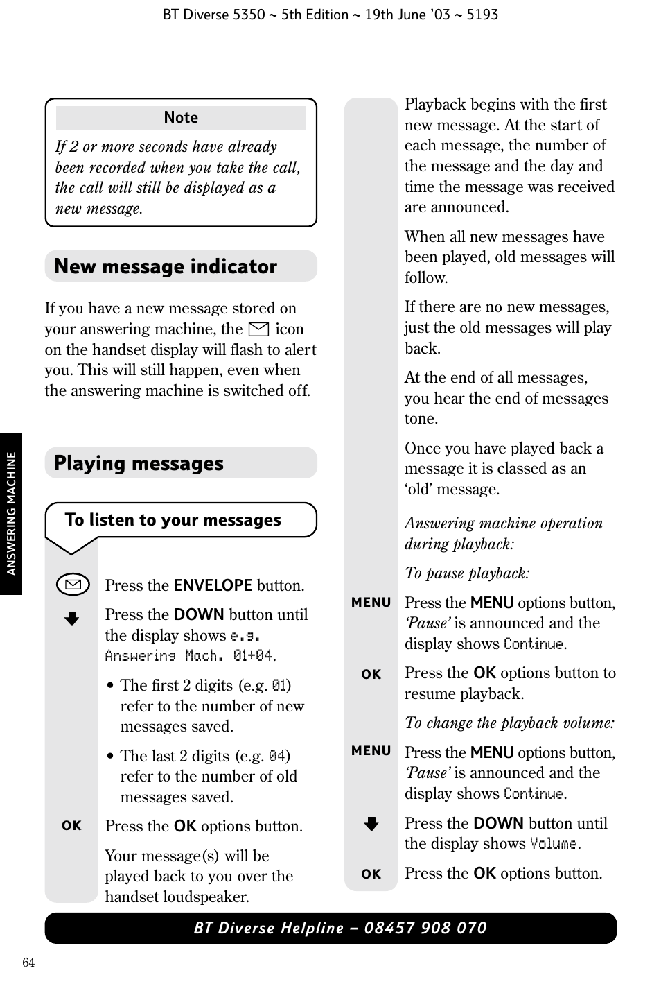 Playing messages, New message indicator | BT 5350 User Manual | Page 66 / 83