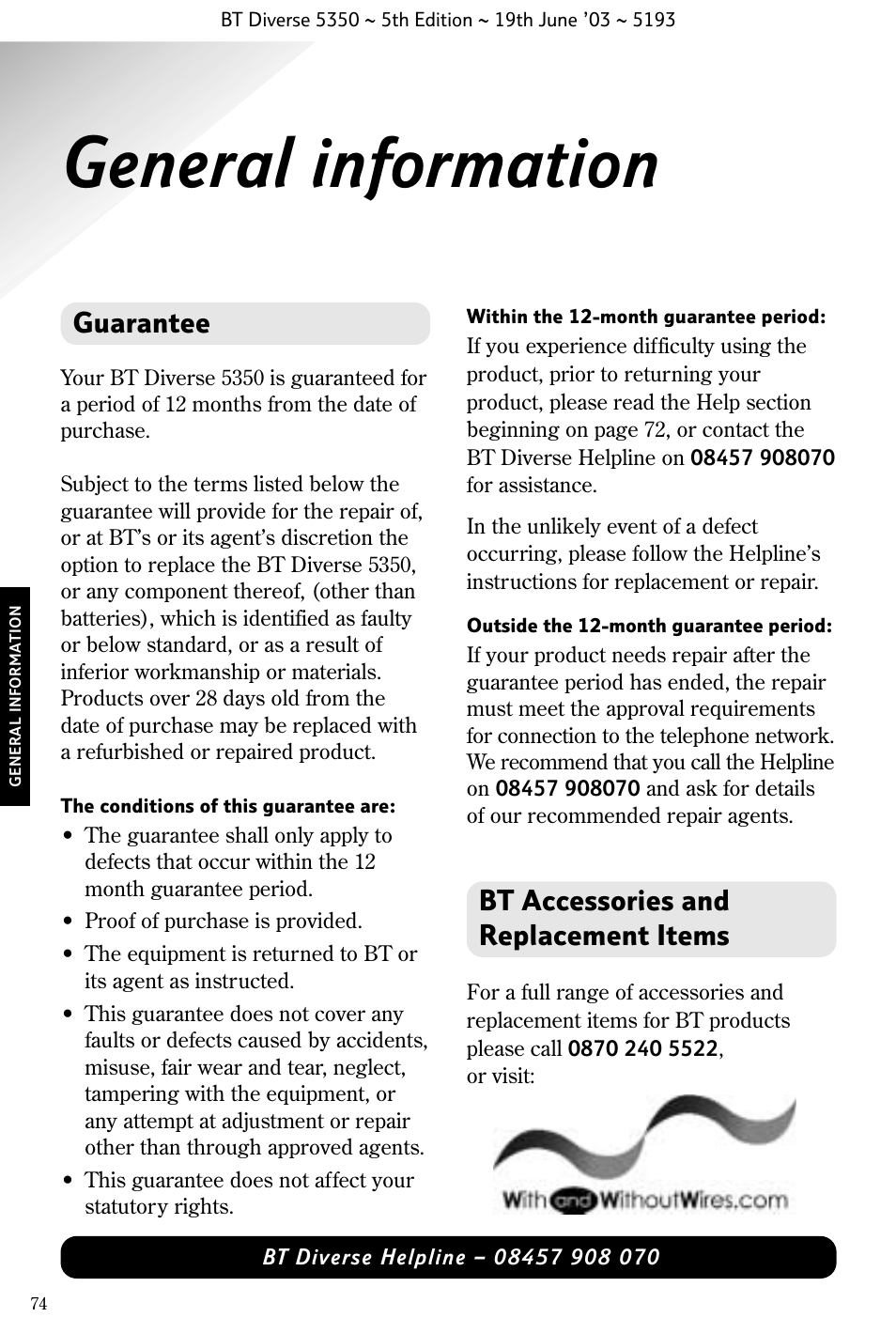 General information, Guarantee, Bt accessories and replacement items | BT 5350 User Manual | Page 76 / 83