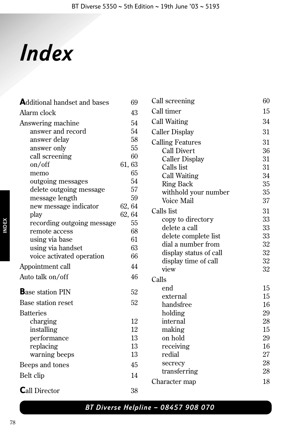 Index | BT 5350 User Manual | Page 80 / 83