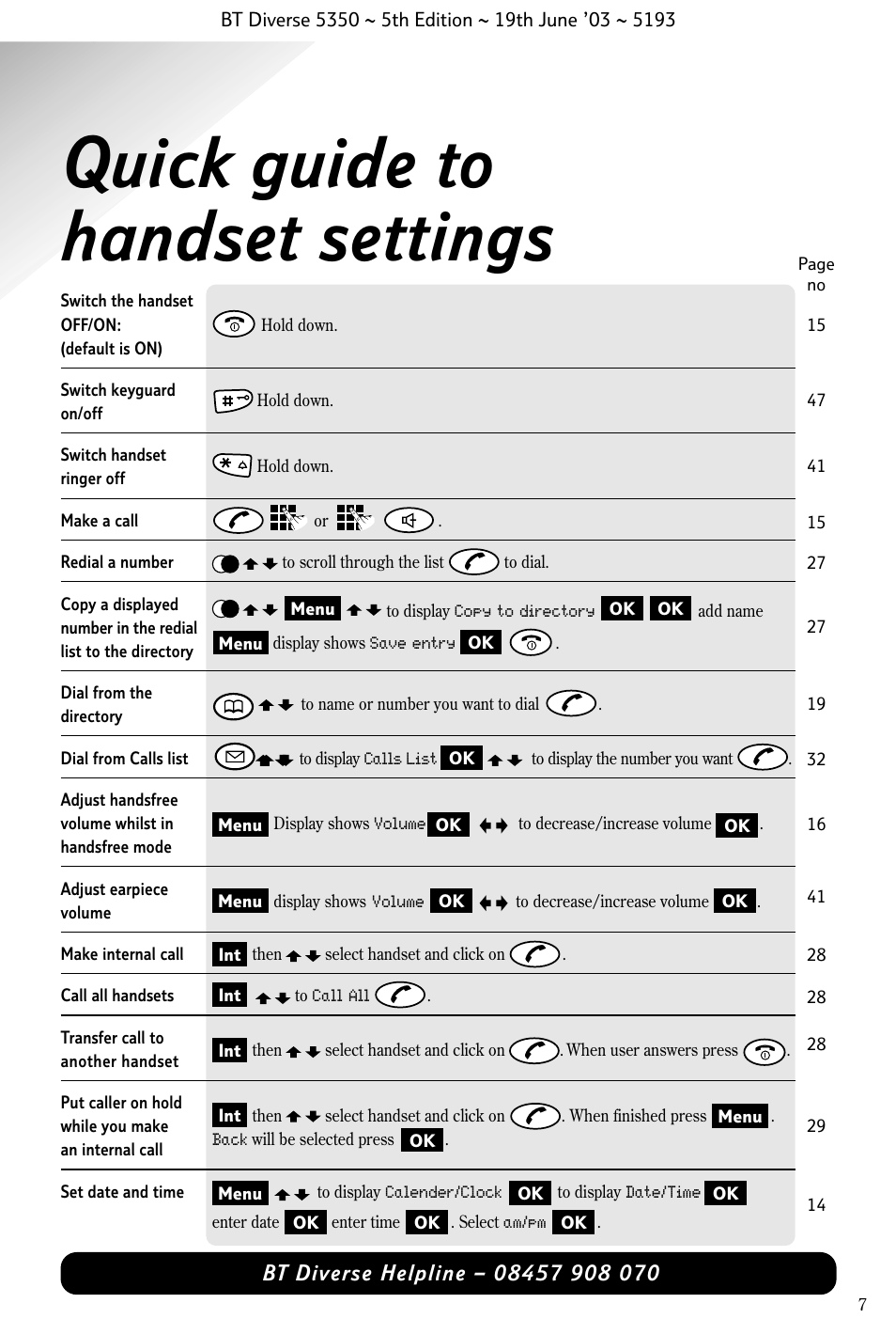 Quick guide to handset settings | BT 5350 User Manual | Page 9 / 83