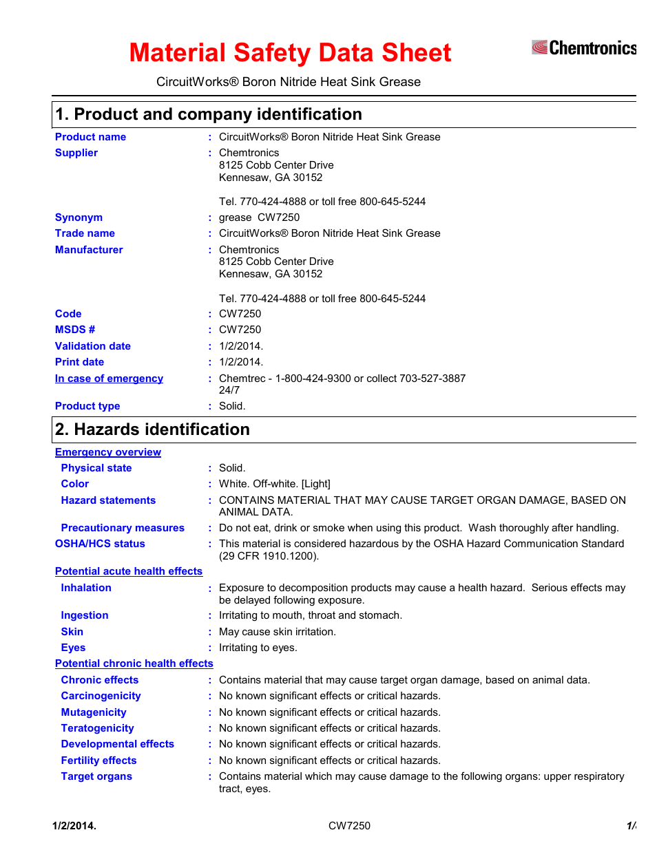 Chemtronics CircuitWorks® Boron Nitride Heat Sink Grease CW7250 User Manual | 8 pages