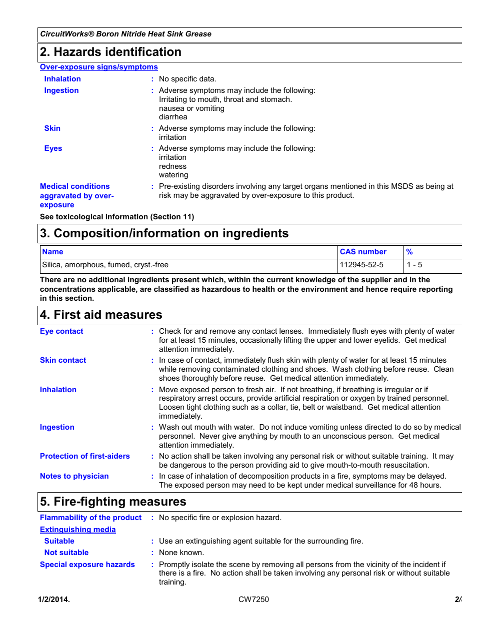 Hazards identification, Composition/information on ingredients, First aid measures | Fire-fighting measures | Chemtronics CircuitWorks® Boron Nitride Heat Sink Grease CW7250 User Manual | Page 2 / 8