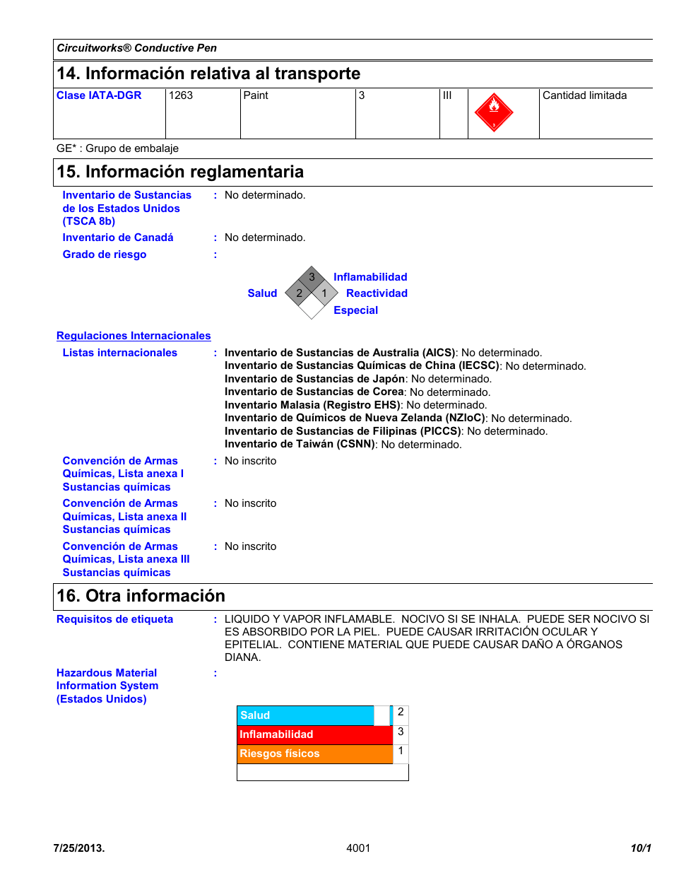 Información relativa al transporte, Información reglamentaria, Otra información | Chemtronics CircuitWorks® Conductive Pen CW2200STP User Manual | Page 10 / 11