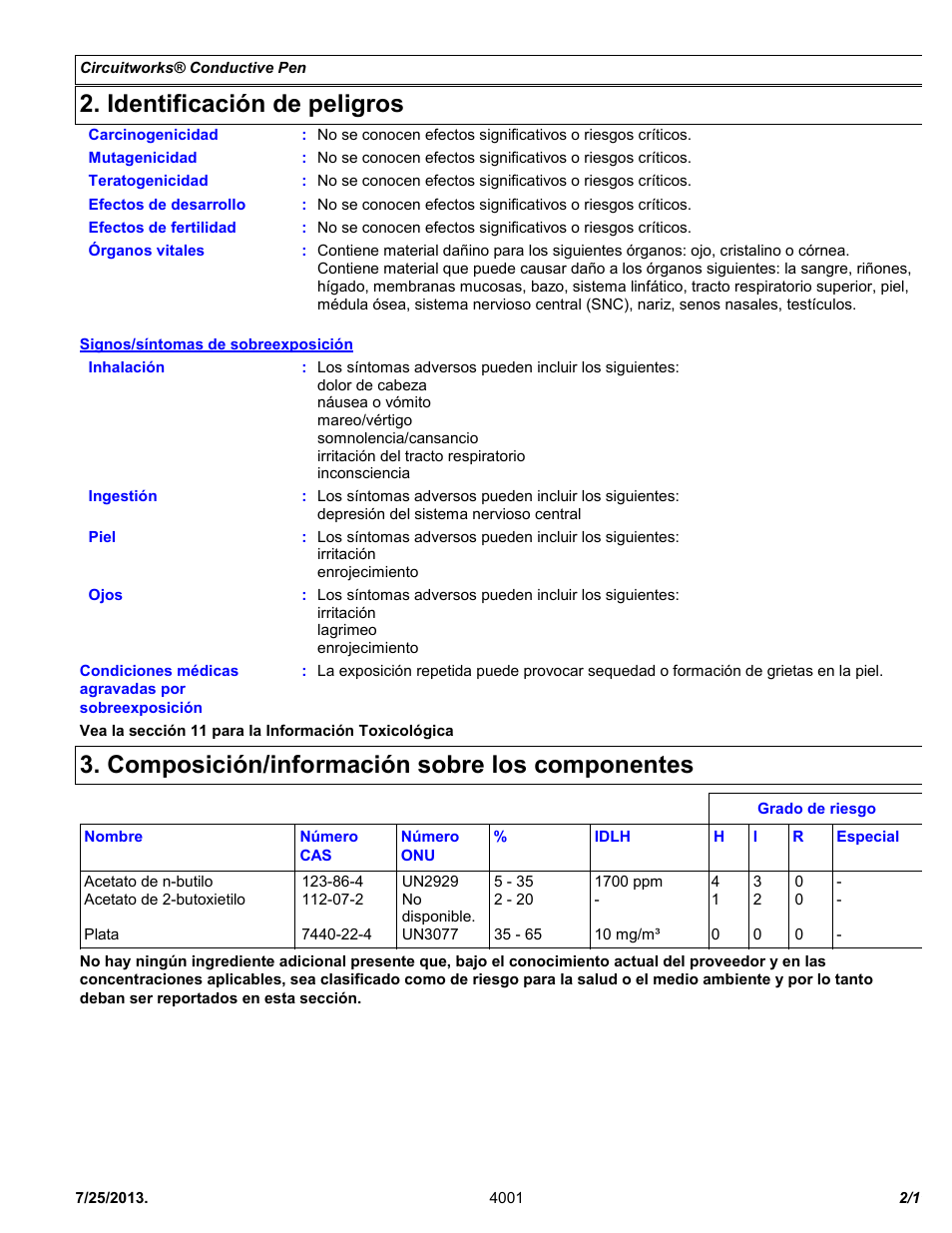 Identificación de peligros, Composición/información sobre los componentes | Chemtronics CircuitWorks® Conductive Pen CW2200STP User Manual | Page 2 / 11