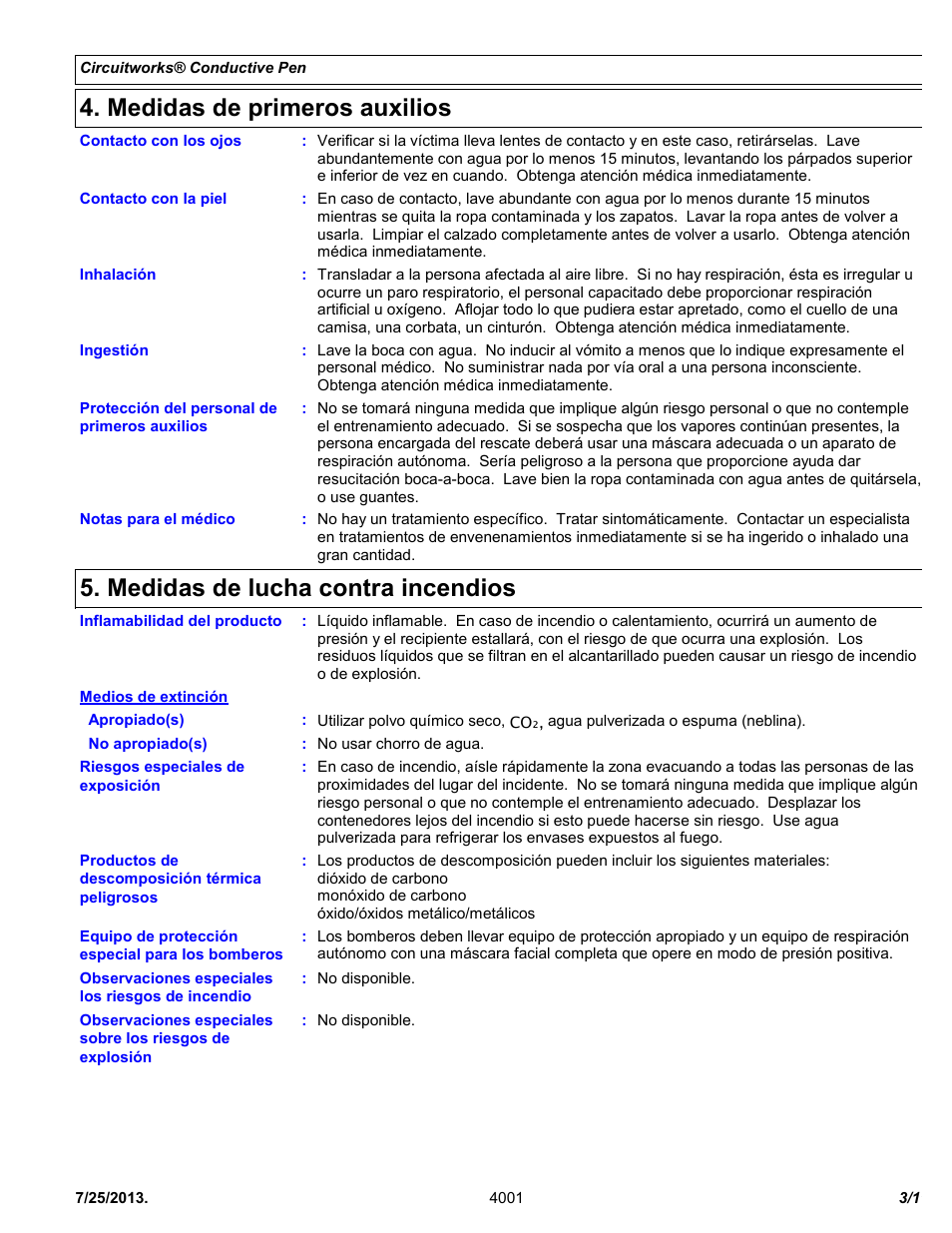 Medidas de primeros auxilios, Medidas de lucha contra incendios | Chemtronics CircuitWorks® Conductive Pen CW2200STP User Manual | Page 3 / 11