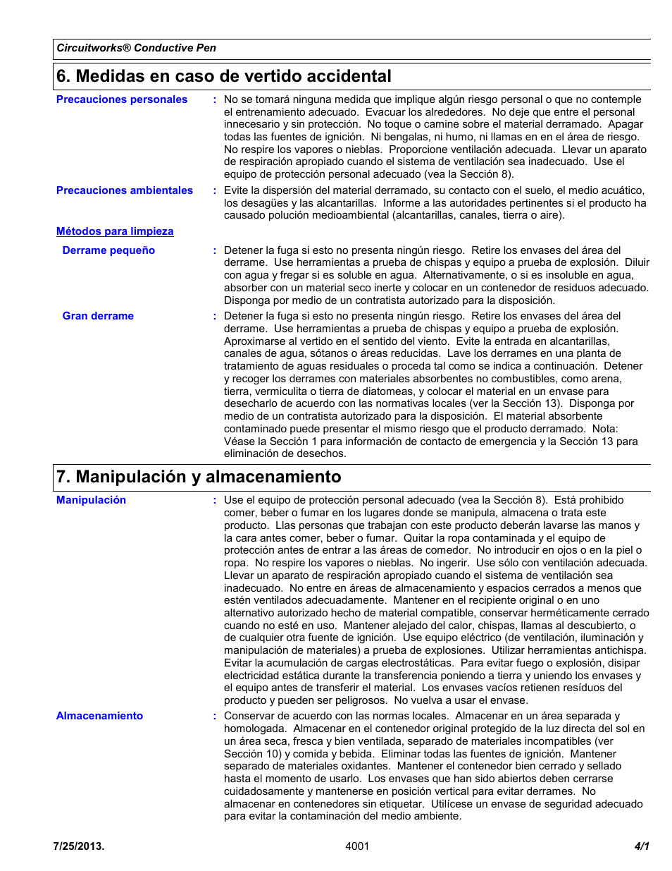 Medidas en caso de vertido accidental, Manipulación y almacenamiento | Chemtronics CircuitWorks® Conductive Pen CW2200STP User Manual | Page 4 / 11