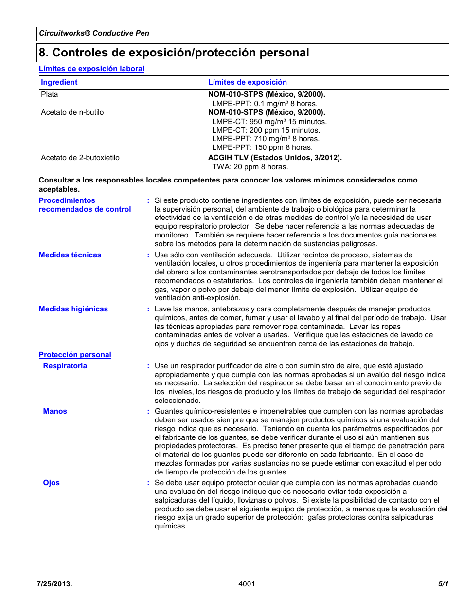Controles de exposición/protección personal | Chemtronics CircuitWorks® Conductive Pen CW2200STP User Manual | Page 5 / 11