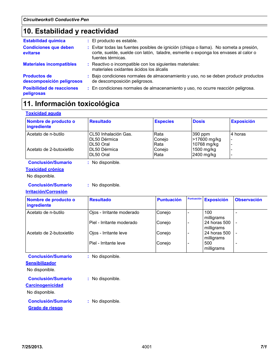 Estabilidad y reactividad, Información toxicológica | Chemtronics CircuitWorks® Conductive Pen CW2200STP User Manual | Page 7 / 11