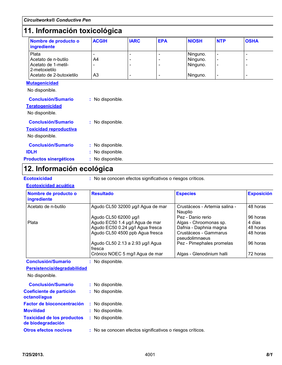 Información toxicológica, Información ecológica | Chemtronics CircuitWorks® Conductive Pen CW2200STP User Manual | Page 8 / 11