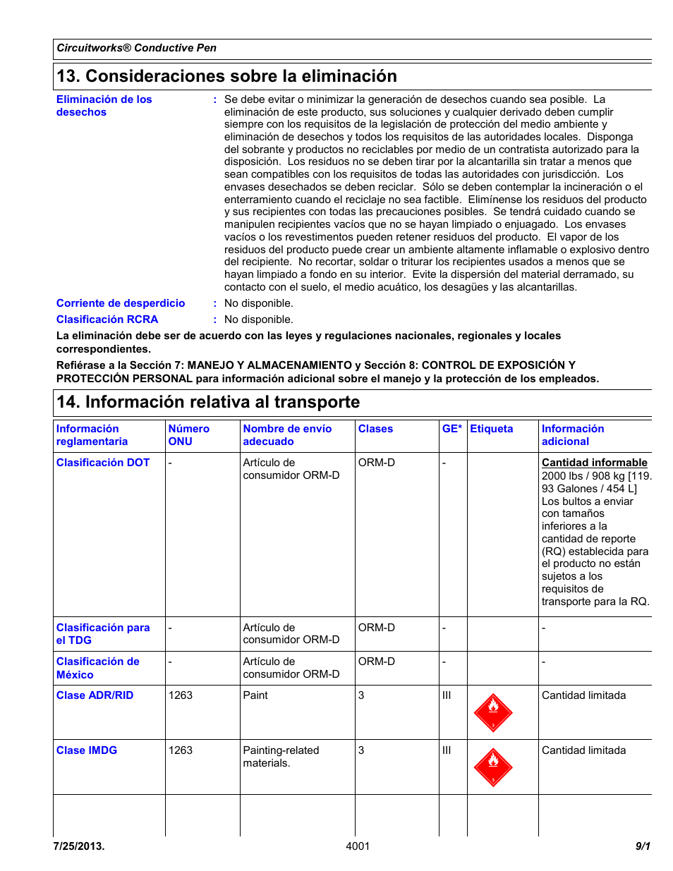 Consideraciones sobre la eliminación, Información relativa al transporte | Chemtronics CircuitWorks® Conductive Pen CW2200STP User Manual | Page 9 / 11