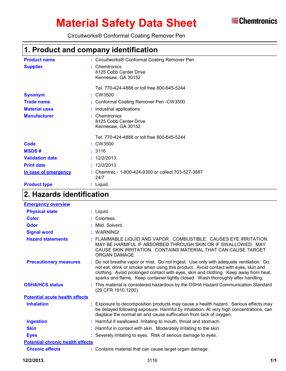 Chemtronics CircuitWorks® Conformal Coating Remover Pen CW3500 User Manual | 10 pages