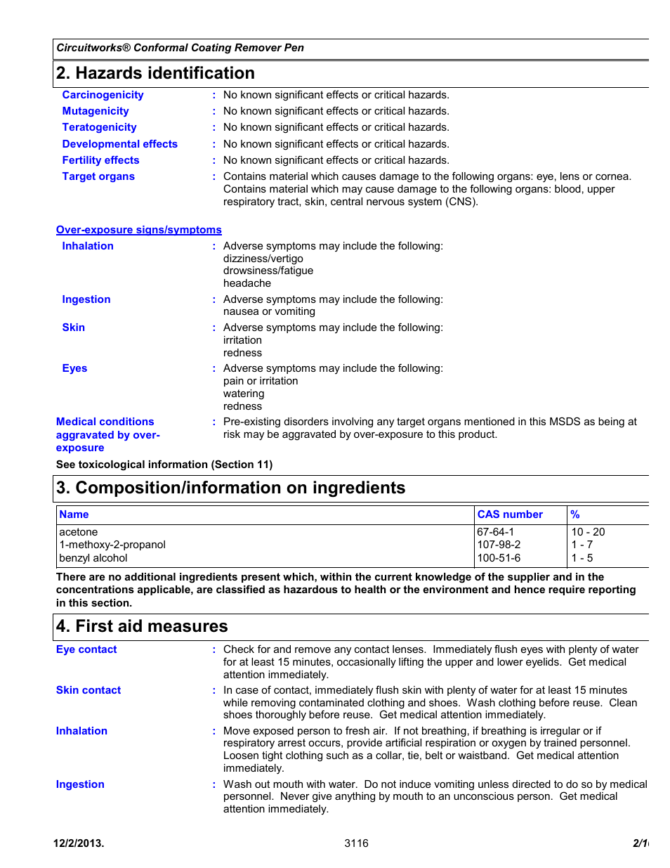 Hazards identification, Composition/information on ingredients, First aid measures | Chemtronics CircuitWorks® Conformal Coating Remover Pen CW3500 User Manual | Page 2 / 10