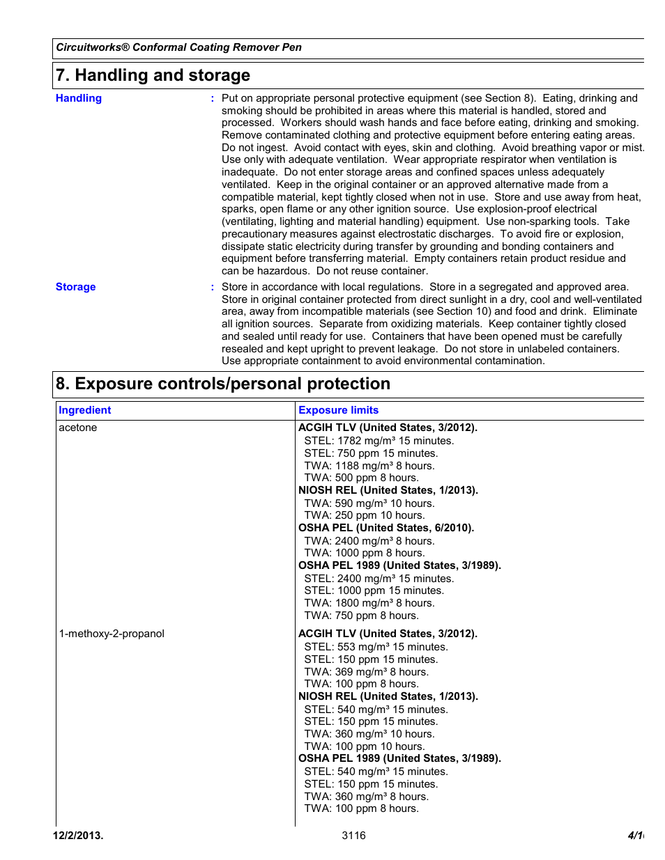 Handling and storage, Exposure controls/personal protection | Chemtronics CircuitWorks® Conformal Coating Remover Pen CW3500 User Manual | Page 4 / 10