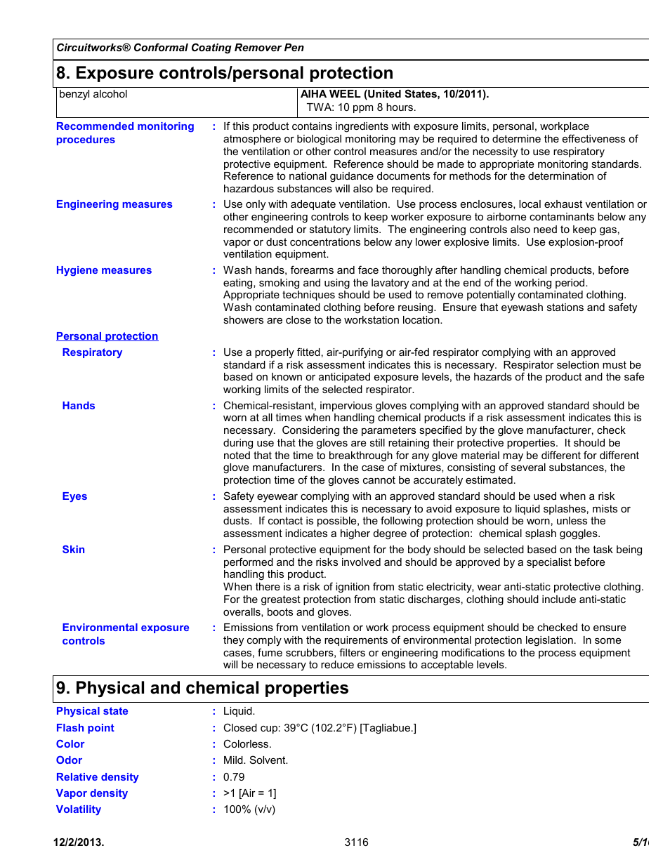 Exposure controls/personal protection, Physical and chemical properties | Chemtronics CircuitWorks® Conformal Coating Remover Pen CW3500 User Manual | Page 5 / 10