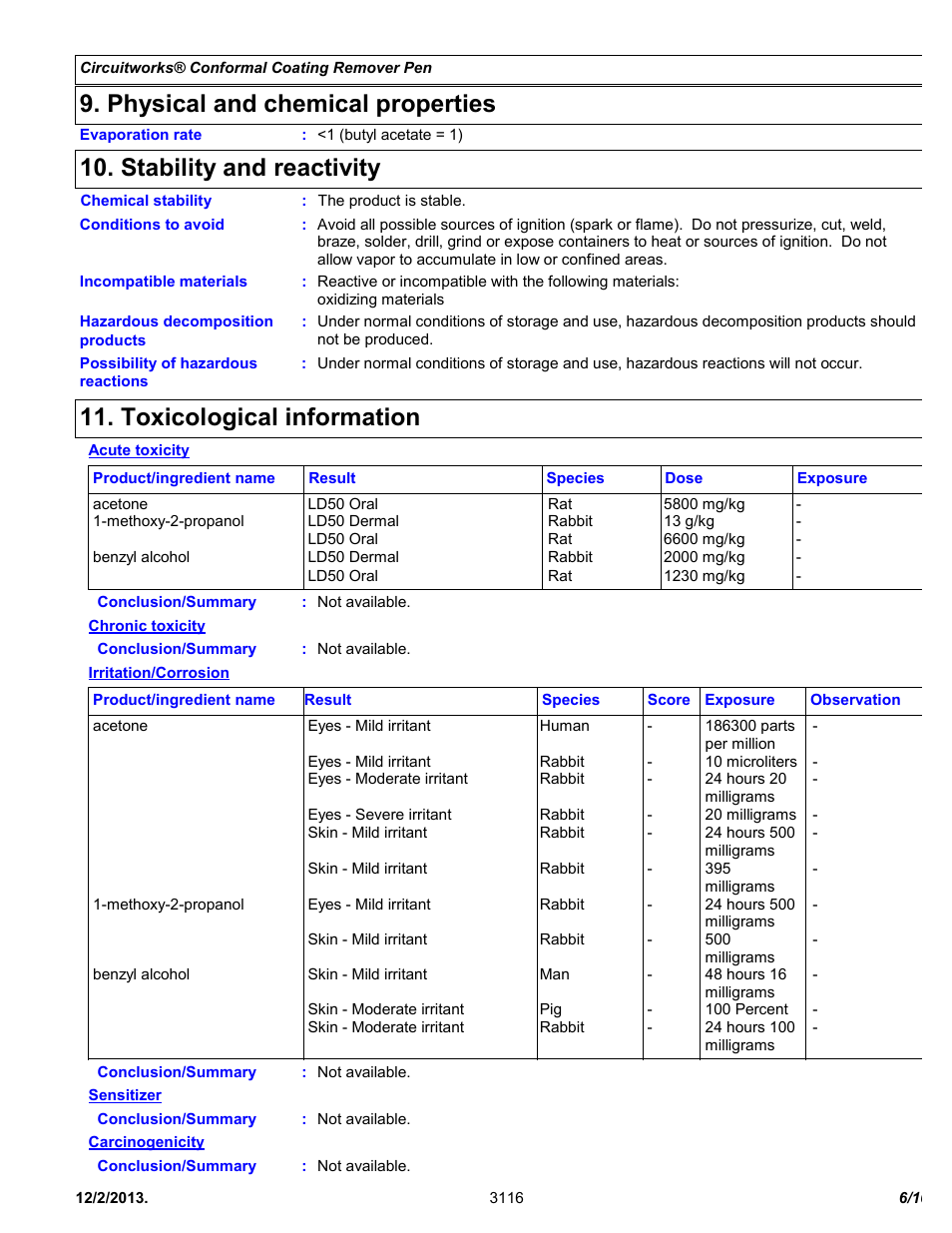 Physical and chemical properties, Stability and reactivity, Toxicological information | Chemtronics CircuitWorks® Conformal Coating Remover Pen CW3500 User Manual | Page 6 / 10