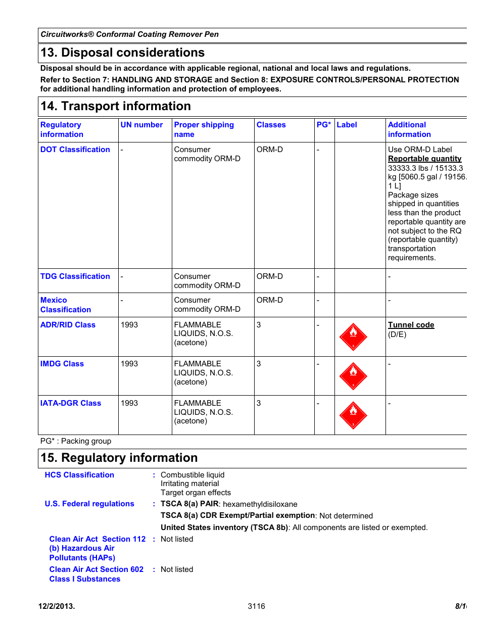 Disposal considerations, Transport information, Regulatory information | Chemtronics CircuitWorks® Conformal Coating Remover Pen CW3500 User Manual | Page 8 / 10