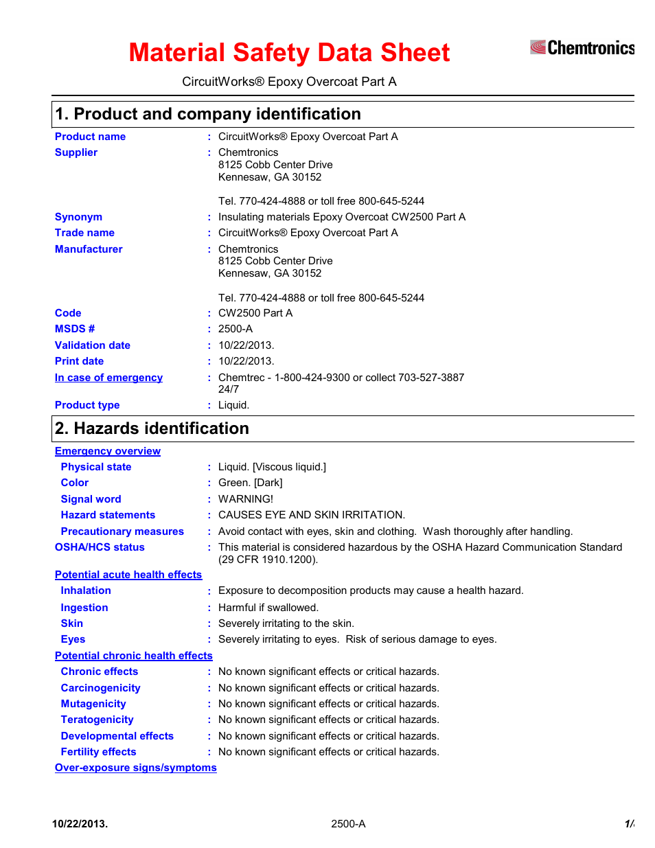 Chemtronics CircuitWorks® Epoxy Overcoat (Adhesive Syringe) CW2500 User Manual | 8 pages