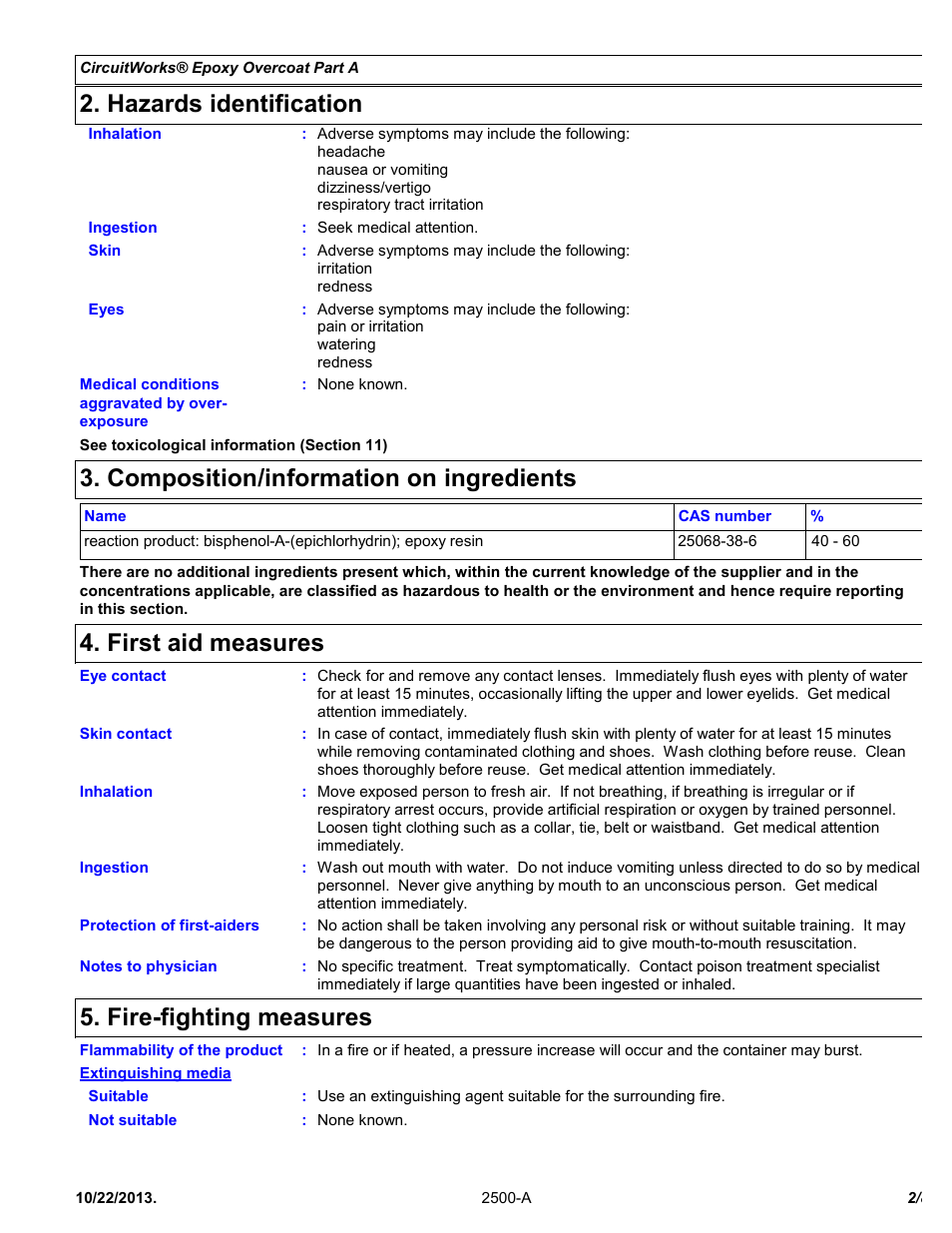 Hazards identification, Composition/information on ingredients, First aid measures | Fire-fighting measures | Chemtronics CircuitWorks® Epoxy Overcoat (Adhesive Syringe) CW2500 User Manual | Page 2 / 8