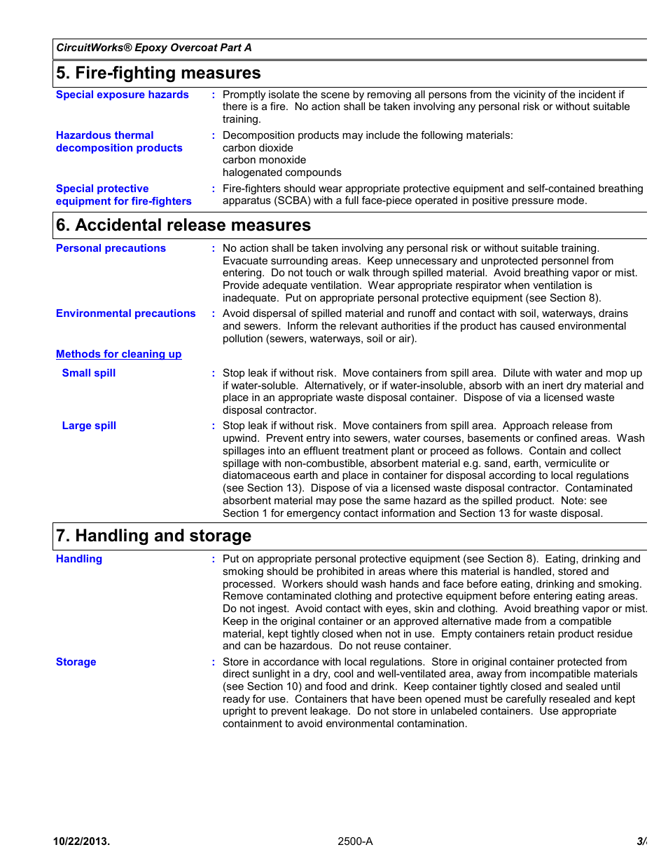 Fire-fighting measures, Accidental release measures, Handling and storage | Chemtronics CircuitWorks® Epoxy Overcoat (Adhesive Syringe) CW2500 User Manual | Page 3 / 8