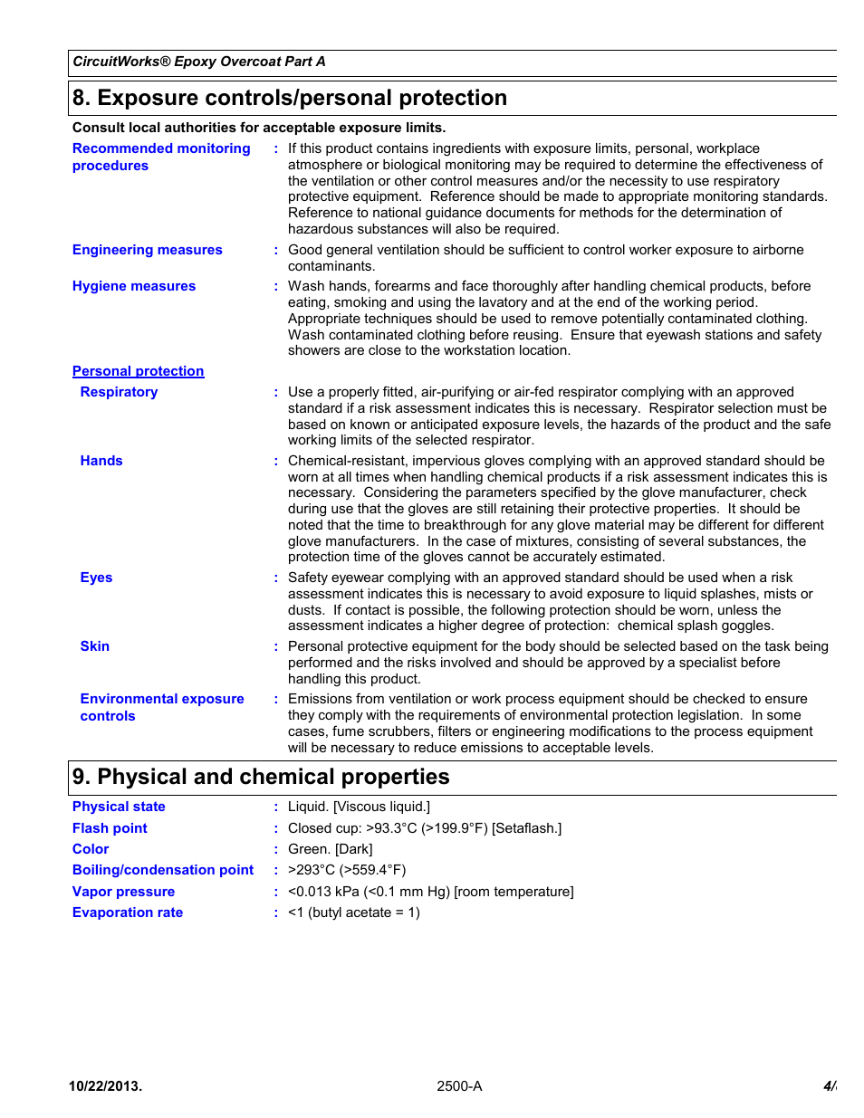 Exposure controls/personal protection, Physical and chemical properties | Chemtronics CircuitWorks® Epoxy Overcoat (Adhesive Syringe) CW2500 User Manual | Page 4 / 8