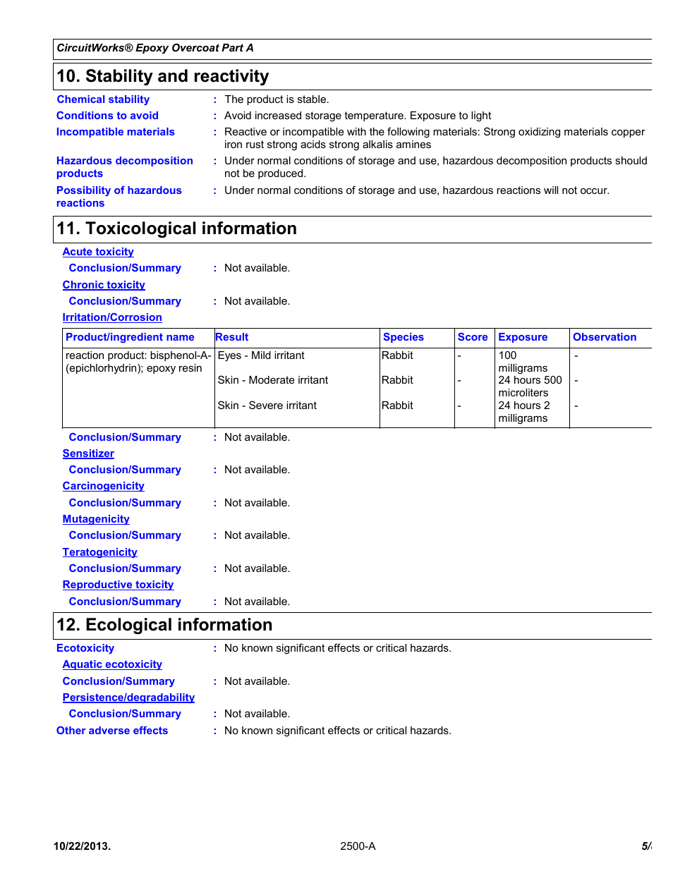Stability and reactivity, Toxicological information, Ecological information | Chemtronics CircuitWorks® Epoxy Overcoat (Adhesive Syringe) CW2500 User Manual | Page 5 / 8