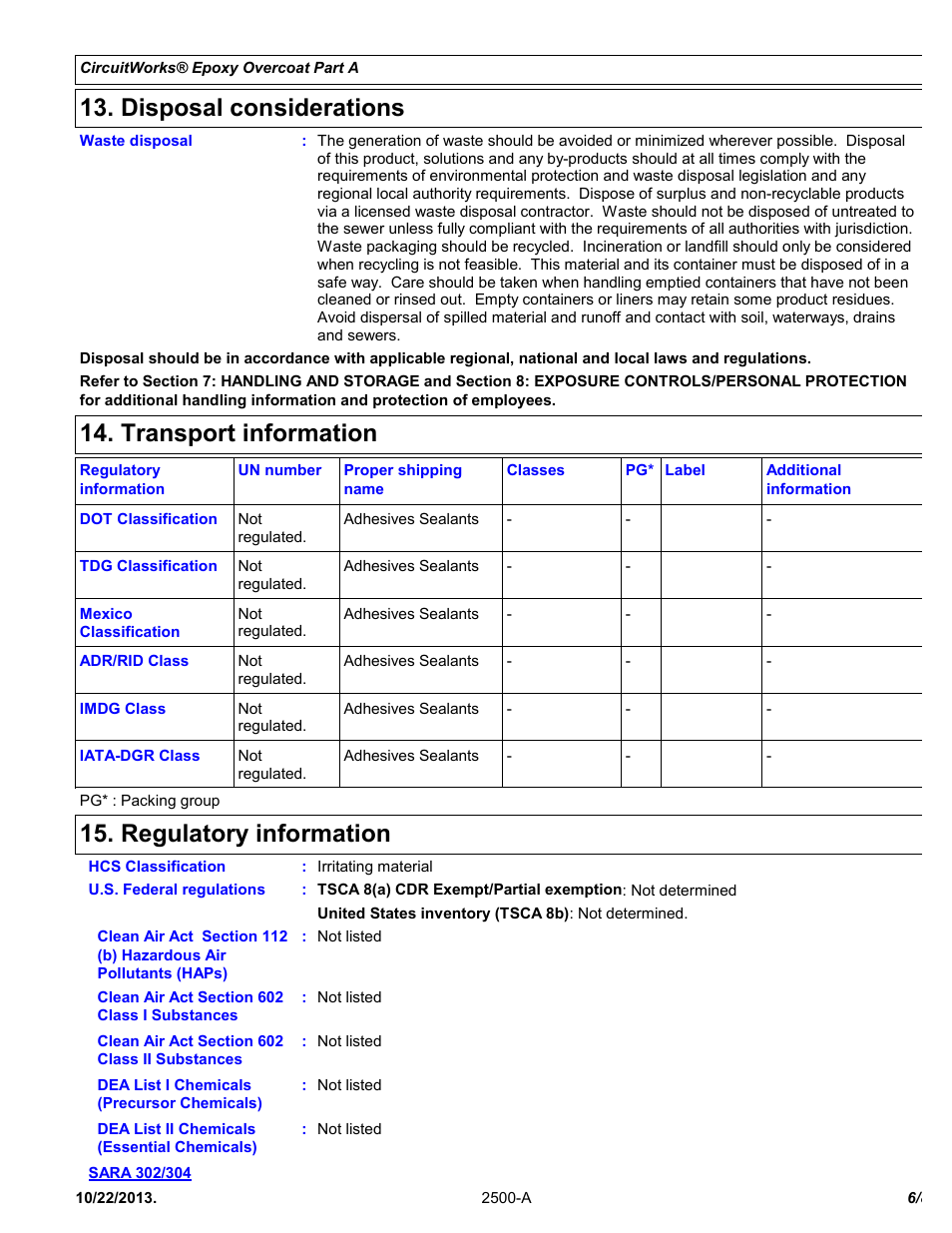 Disposal considerations, Transport information, Regulatory information | Chemtronics CircuitWorks® Epoxy Overcoat (Adhesive Syringe) CW2500 User Manual | Page 6 / 8