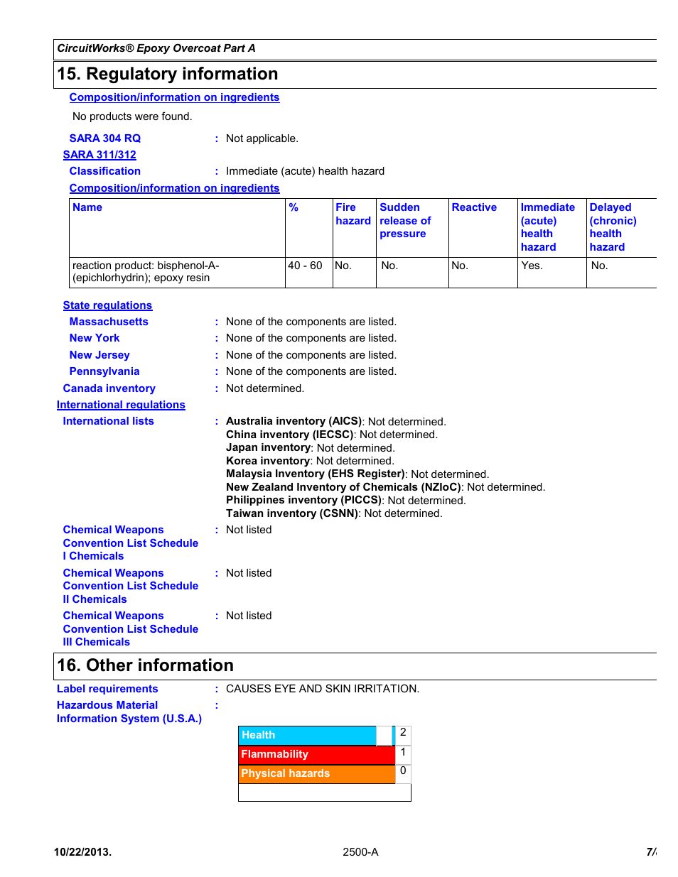 Regulatory information, Other information | Chemtronics CircuitWorks® Epoxy Overcoat (Adhesive Syringe) CW2500 User Manual | Page 7 / 8