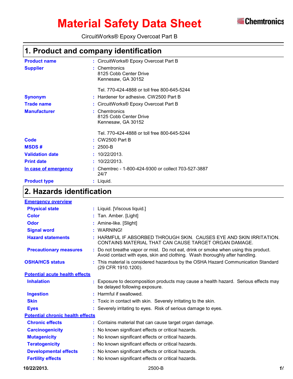 Chemtronics CircuitWorks® Epoxy Overcoat (Adhesive Syringe) CW2500 User Manual | 9 pages