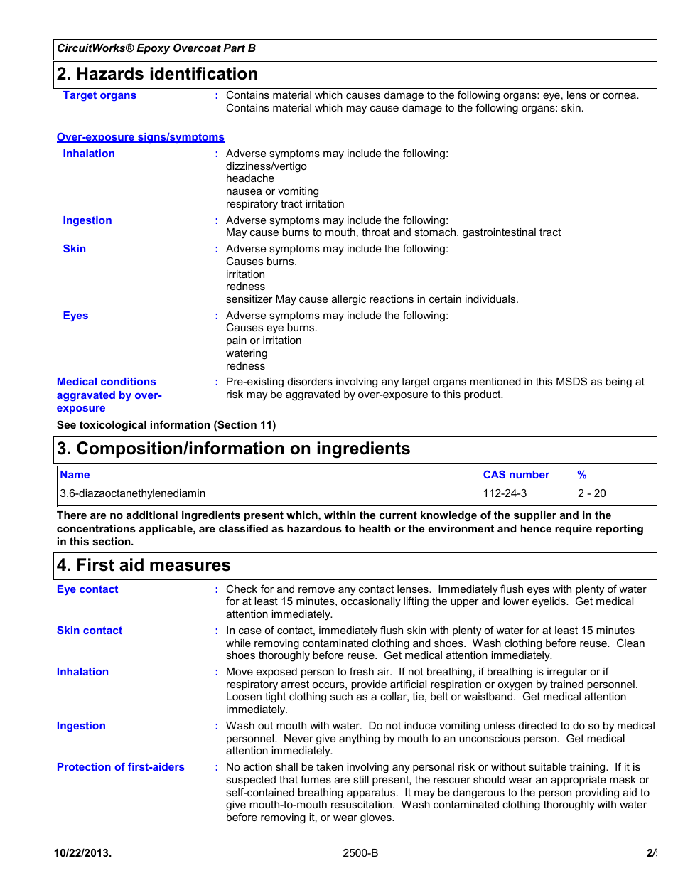 Hazards identification, Composition/information on ingredients, First aid measures | Chemtronics CircuitWorks® Epoxy Overcoat (Adhesive Syringe) CW2500 User Manual | Page 2 / 9