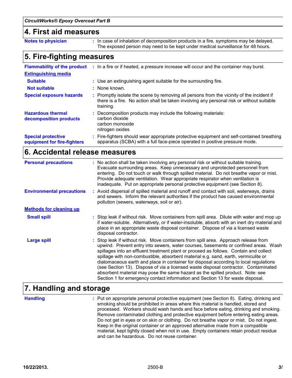 First aid measures, Fire-fighting measures, Accidental release measures | Handling and storage | Chemtronics CircuitWorks® Epoxy Overcoat (Adhesive Syringe) CW2500 User Manual | Page 3 / 9