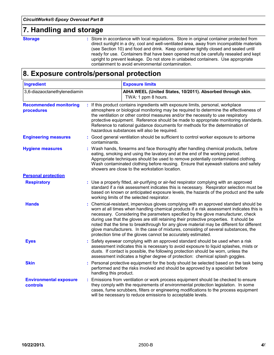 Handling and storage, Exposure controls/personal protection | Chemtronics CircuitWorks® Epoxy Overcoat (Adhesive Syringe) CW2500 User Manual | Page 4 / 9